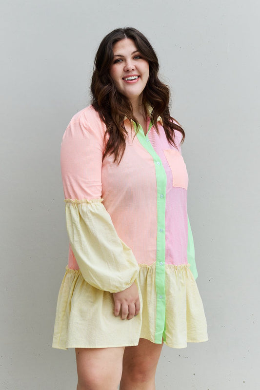 Full Size Colorblock Long Sleeve Shirt Dress