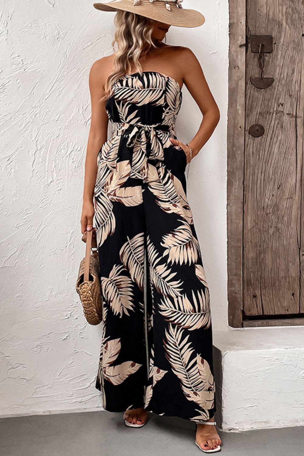 Strapless Wide Leg Jumpsuit with Pockets