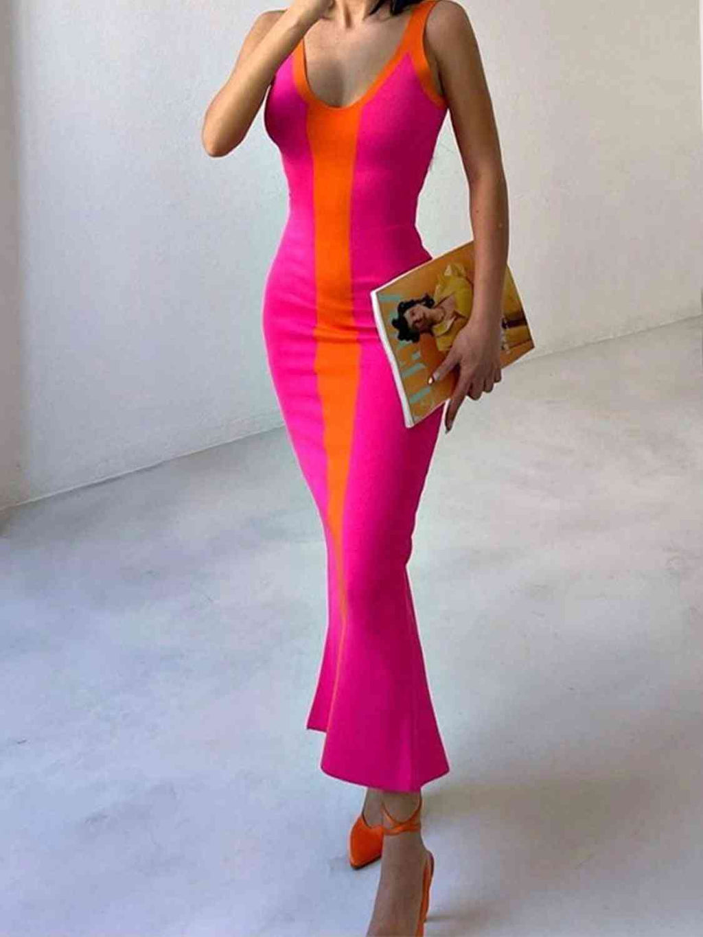 Contrast Wide Strap Slit Maxi Dress