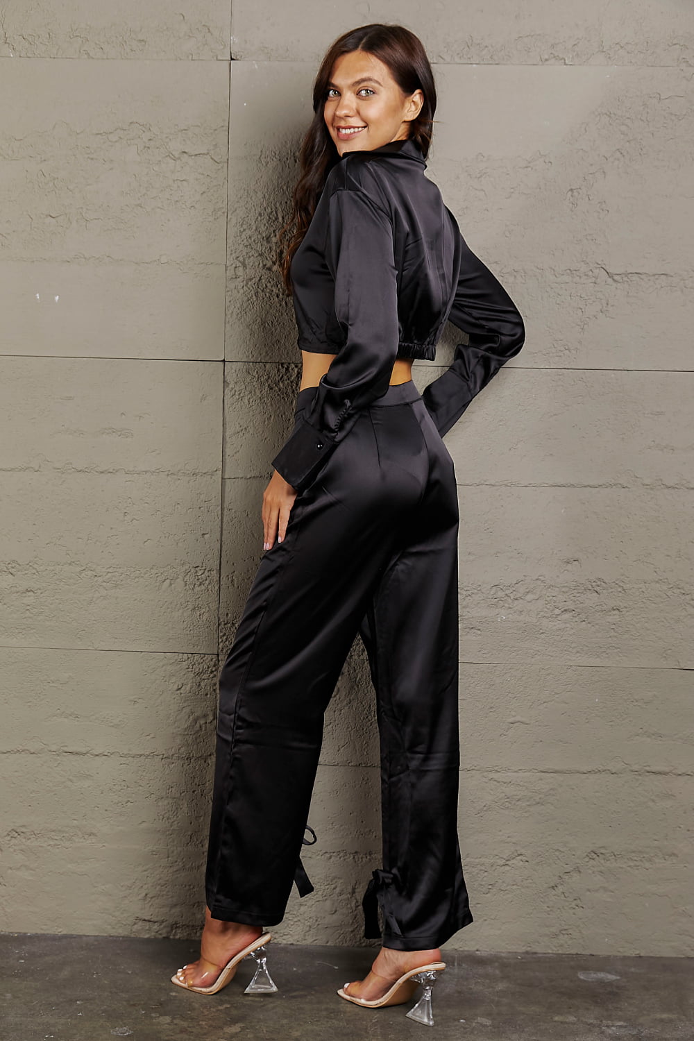Cropped Blouse and Tie Detail Long Pants Set