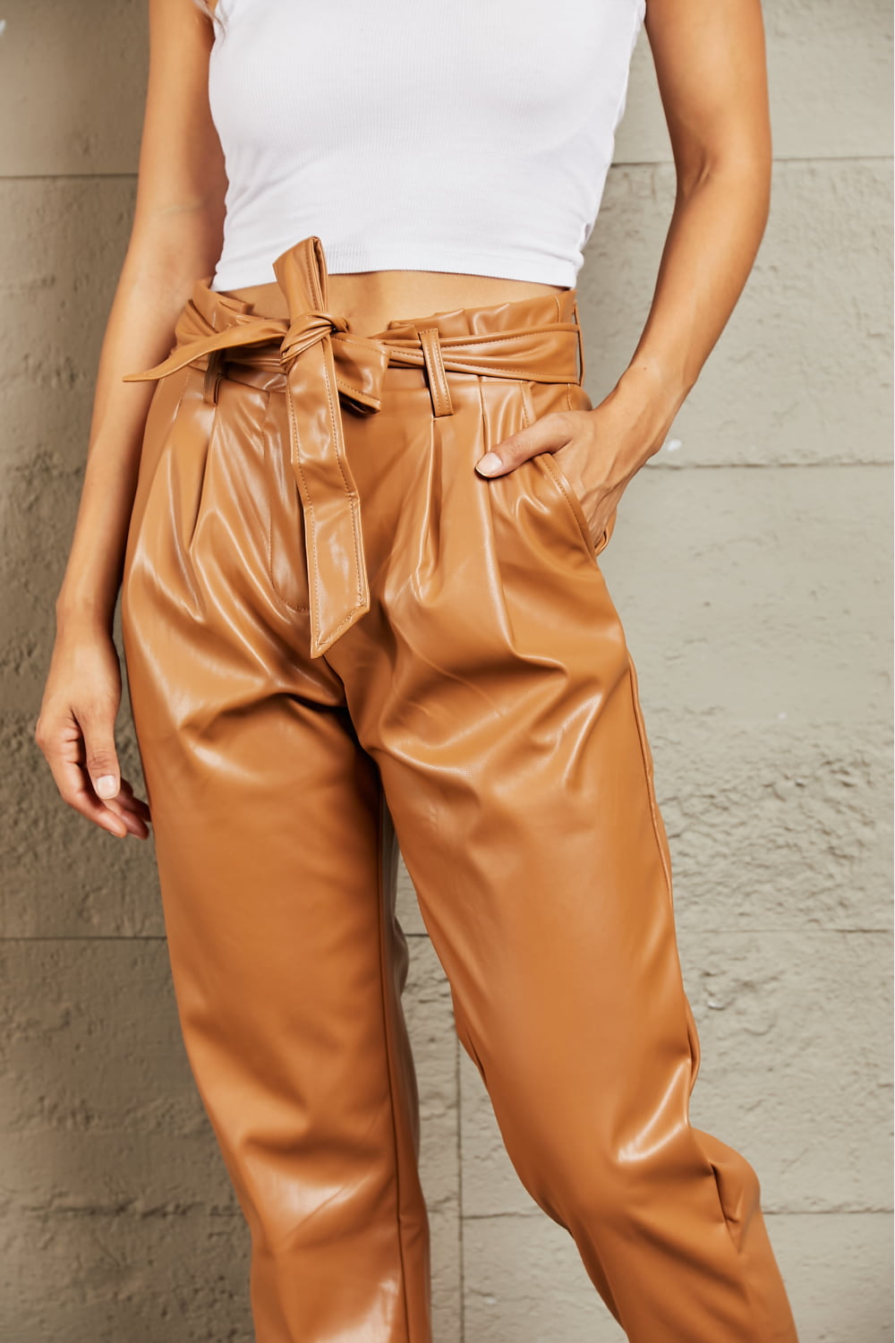 Full Size Faux Leather Paperbag Waist Pants