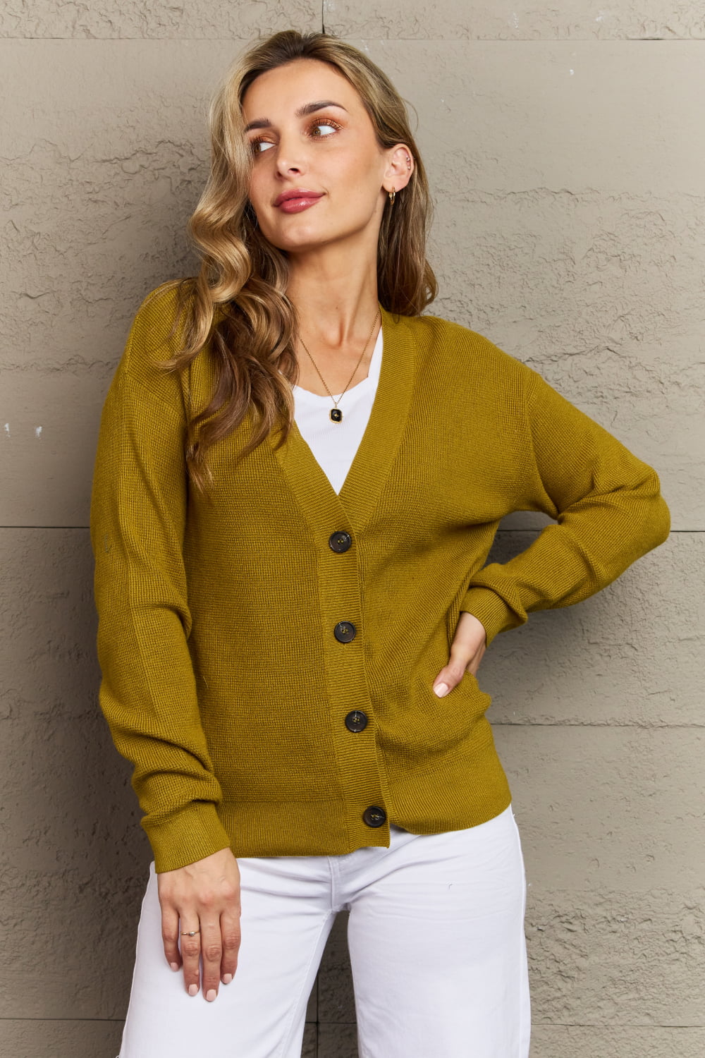 Full Size Button Down Cardigan in Chartreuse