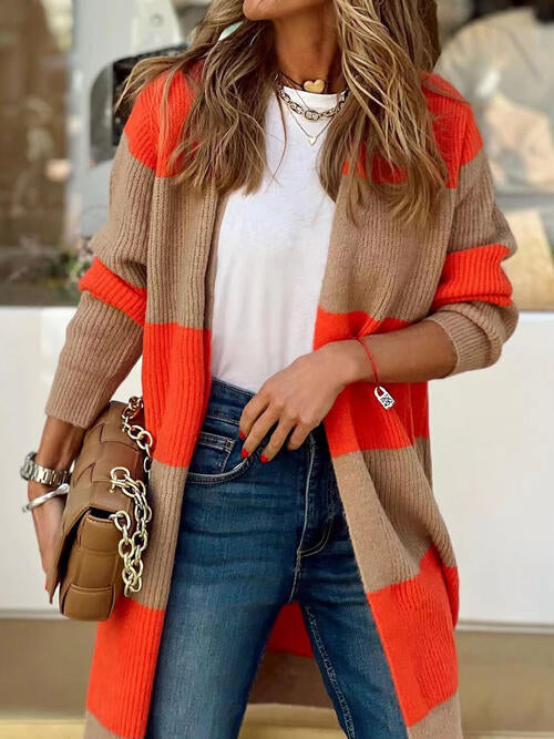 Striped  Open Front Long Sleeve Cardigan