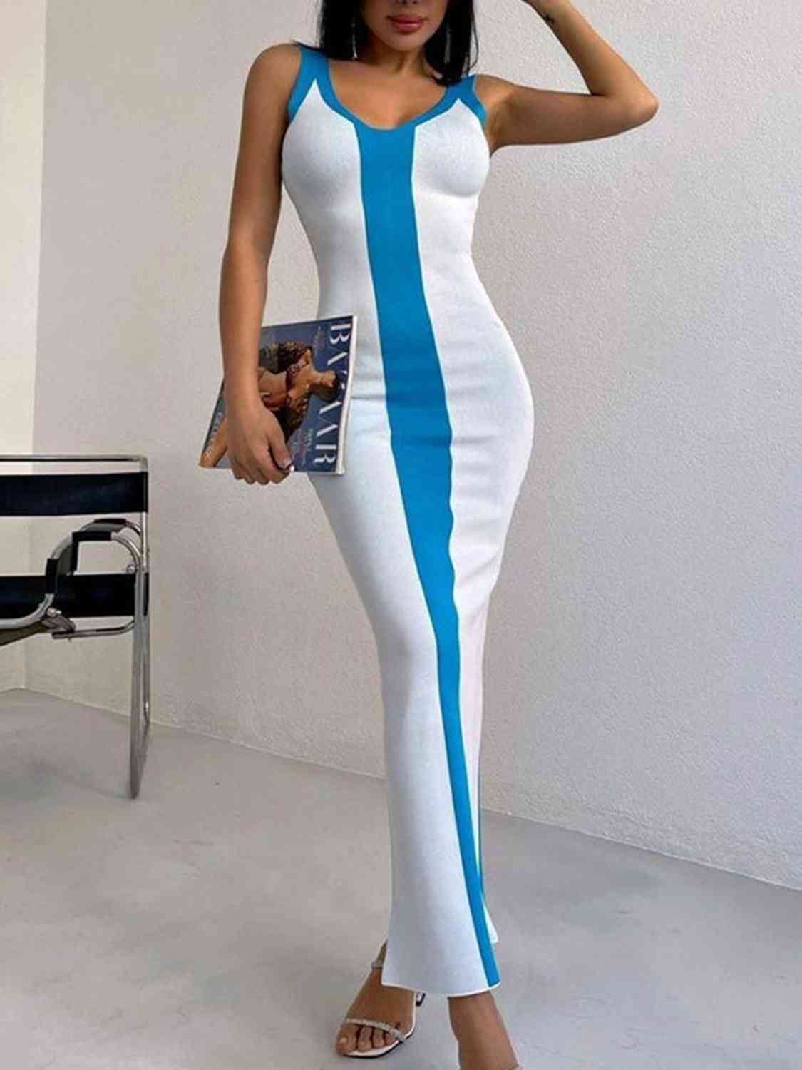 Contrast Wide Strap Slit Maxi Dress
