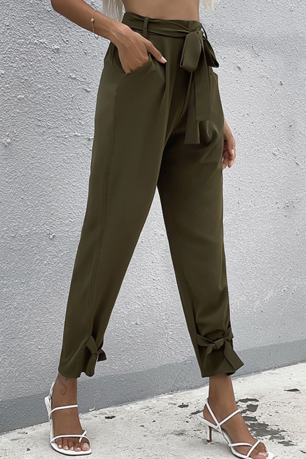 Tie Detail Belted Pants with Pockets