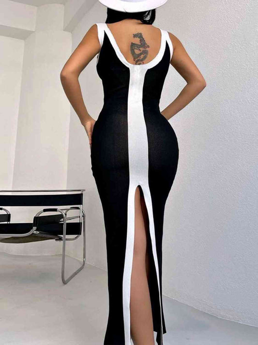 Contrast Wide Strap Slit Maxi Dress