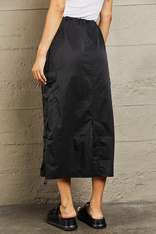 High Waisted Cargo Midi Skirt in Black