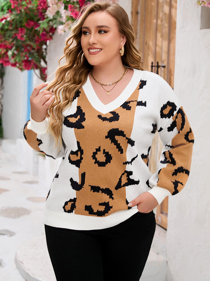 Plus Size Animal Printed V-Neck Sweater
