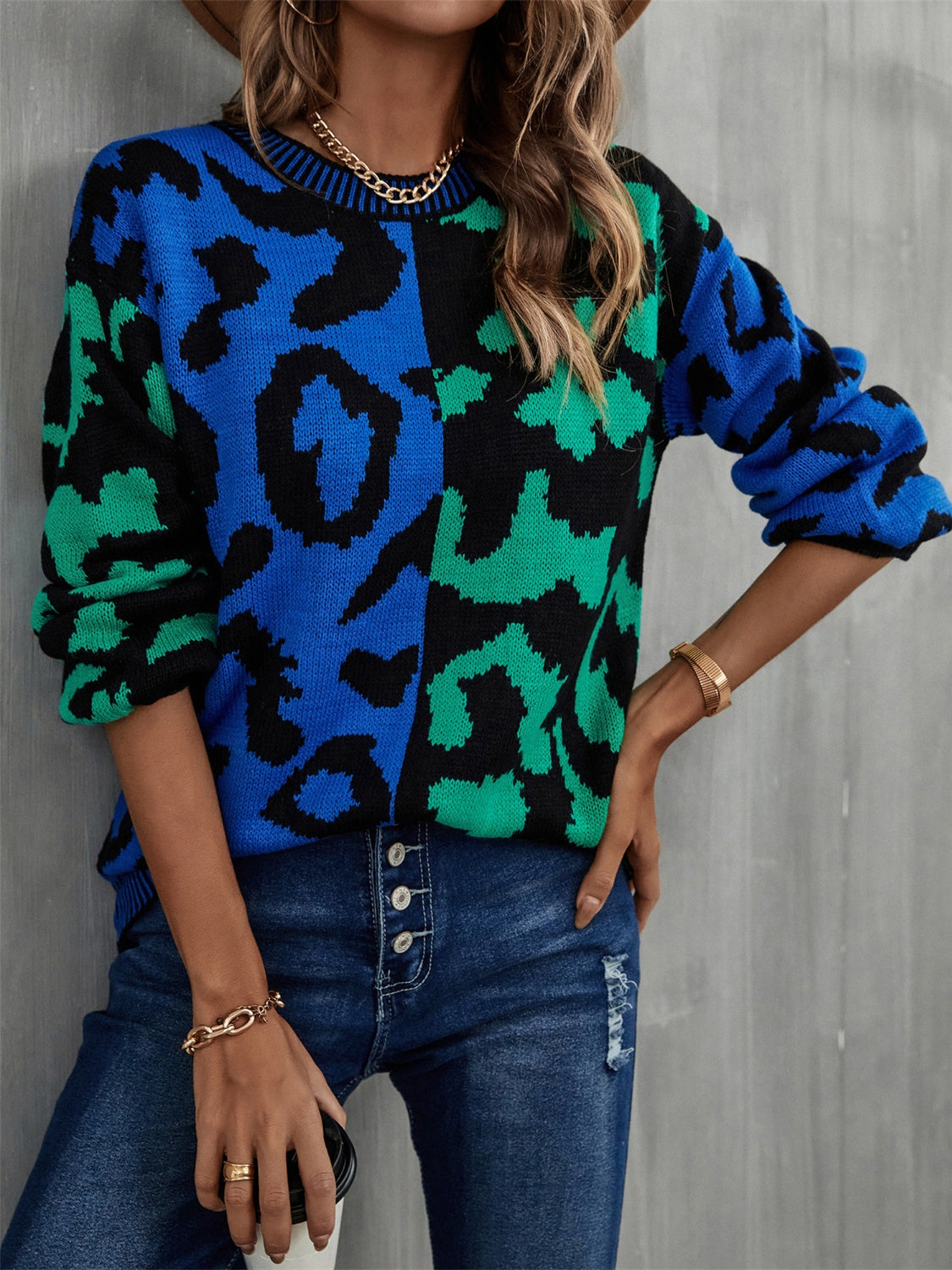 Leopard Contrast Long Sleeve Sweater