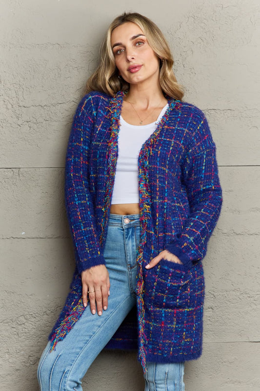 Plaid Fringe Trim Cardigan