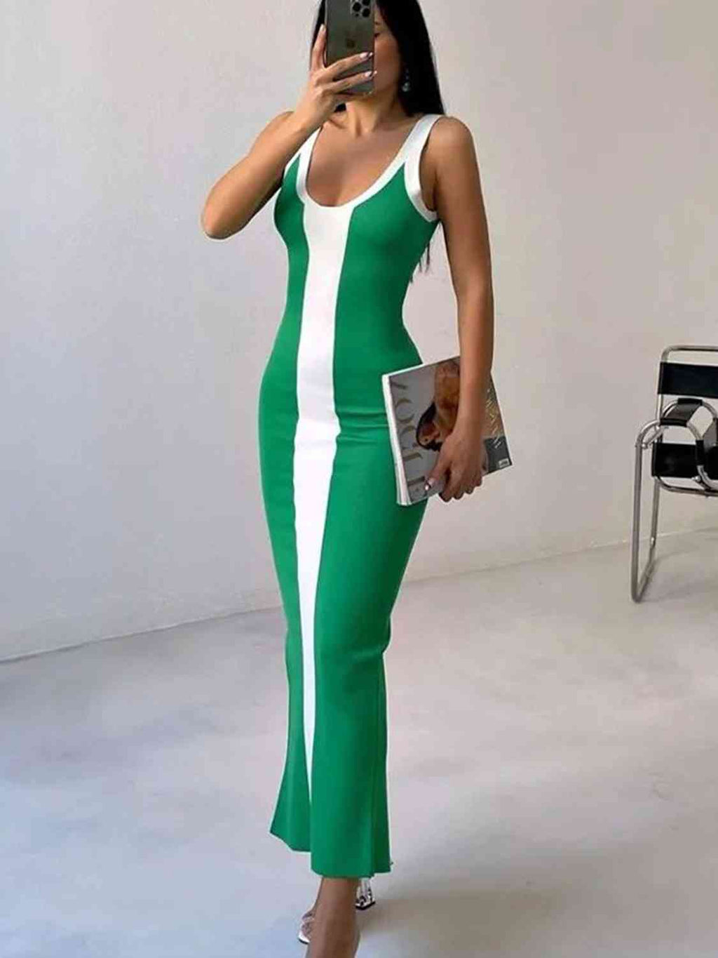 Contrast Wide Strap Slit Maxi Dress