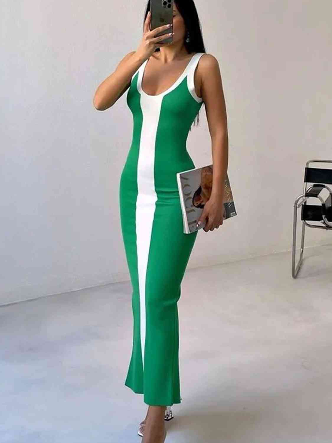 Contrast Wide Strap Slit Maxi Dress