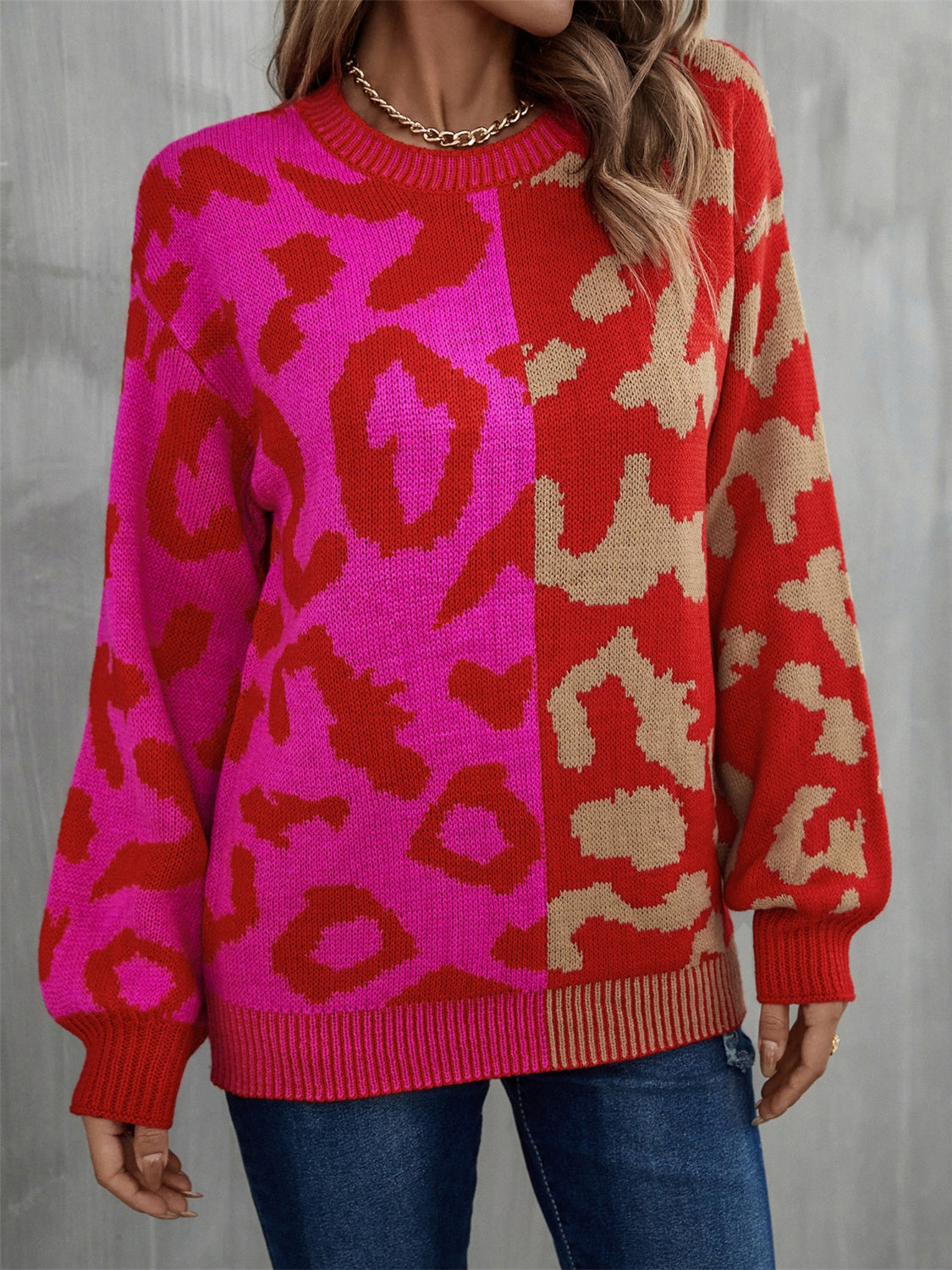 Leopard Contrast Long Sleeve Sweater