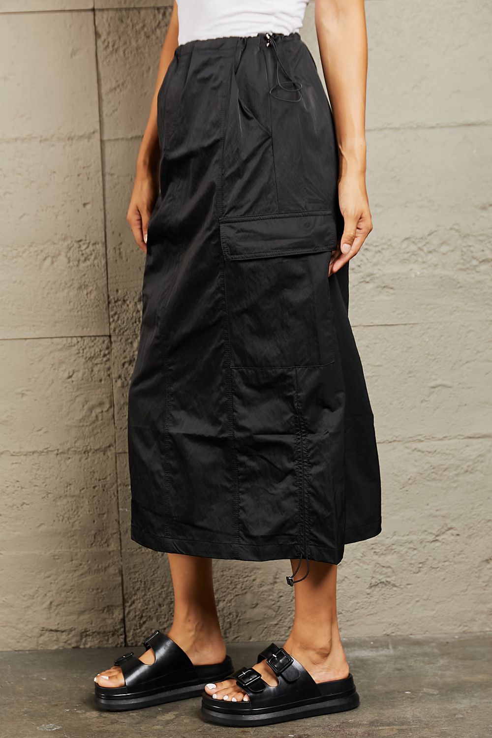 High Waisted Cargo Midi Skirt in Black