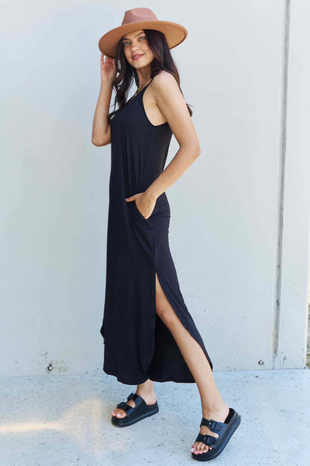 Full Size Cami Side Slit Maxi Dress in Black