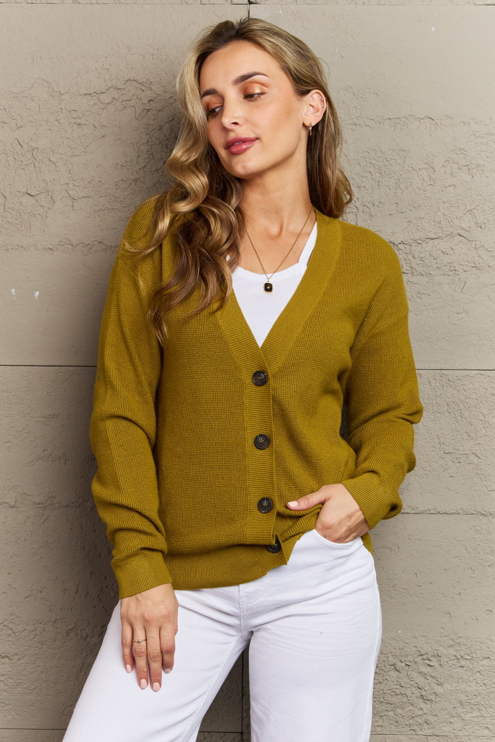 Full Size Button Down Cardigan in Chartreuse