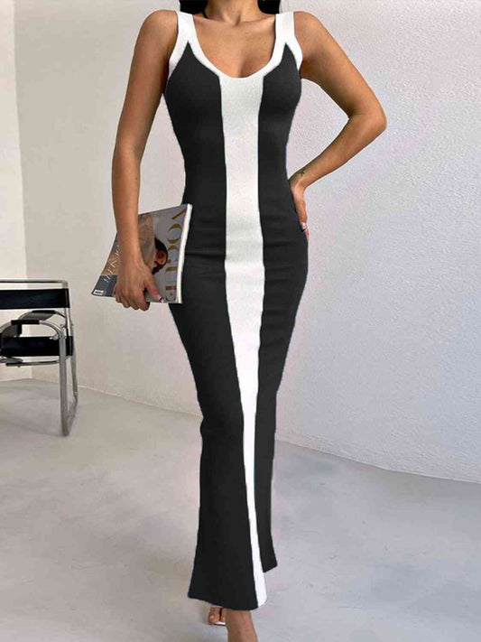 Contrast Wide Strap Slit Maxi Dress