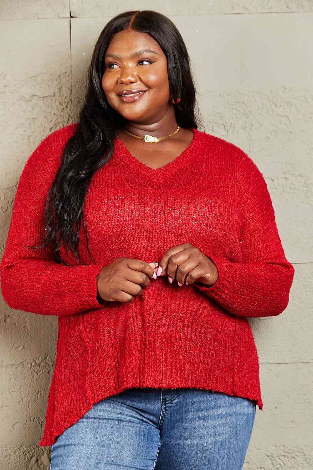Full Size Draped Detail Knit Sweater