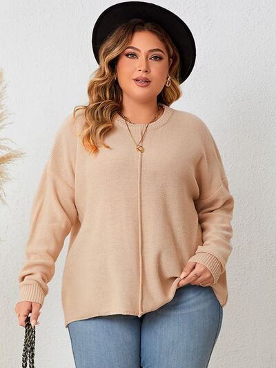 Plus Size Round Neck Drop Shoulder Long Sleeve Sweater