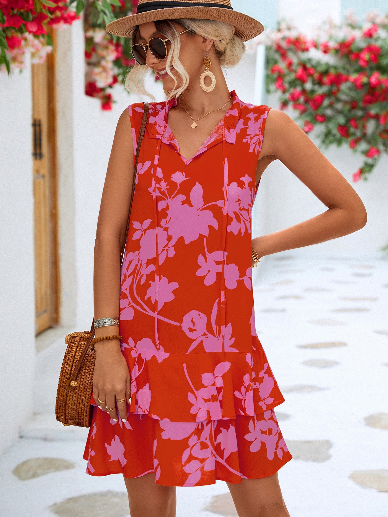 Floral Tie Neck Layered Dress