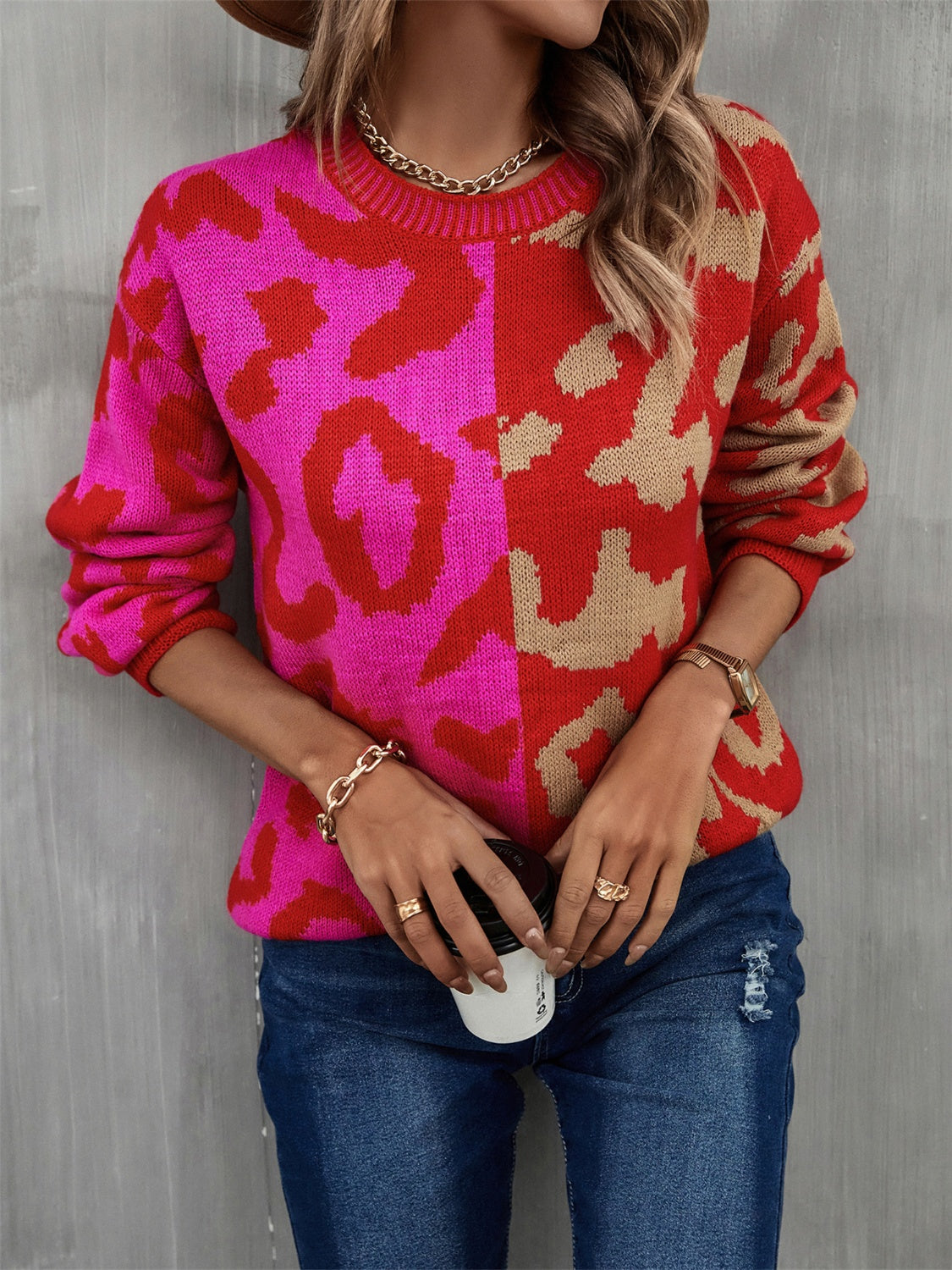 Leopard Contrast Long Sleeve Sweater